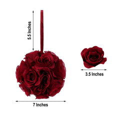 2 Pack 7" Burgundy Artificial Silk Rose Kissing Ball, Flower Ball