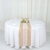 Burlap Jute 14"x106" Table Runner Natural With White Middle Lace - Rustic Vintage Tabletop Decor