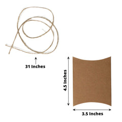 50 Pack 4.5"x3.5" Natural Brown Paper Wedding Favor Pillow Boxes with Burlap Twine, Party Gift Boxes