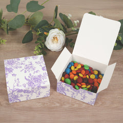 25 Pack Party Favors Boxes in French Toile Pattern, Matte Lavender and White Candy Gift Boxes - Cardstock Paper - 4"x4"x2"