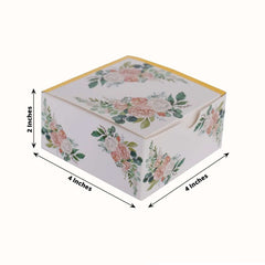 25 Pack White Pink Peony Flowers Print Paper Favor Boxes with Gold Edge, Cardstock Party Shower Candy Gift Boxes - 4"x4"x2"