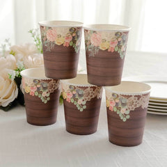 24-Pack Paper Cups 9oz Brown Wood Print with Floral Lace Rim - Chic Disposable Party Cups for Rustic Decor & Themed Parties