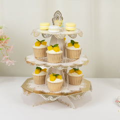 2-Pack 3-Tier Cupcake Display Stands with Vintage Floral Pattern, White Gold Round Cardboard Dessert Towers - 15"