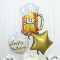 Set of 5 White Gold Round Happy Birthday Mylar Foil Helium Balloon Set, Cheers Beer Mug, Star Balloon Bouquet With Ribbon Birthday Party Decorations