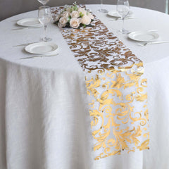 Sheer Organza 12"x108" Table Runner Roll Metallic Gold Foil Floral Swirl Design - Disposable Stylish Event Decoration