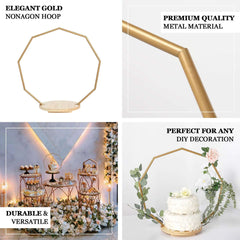 Metal Nonagon Floral Hoop Cake Stand Gold - Chic Geometric Dessert Display DIY Centerpiece Table Decoration With Wooden Base 22"