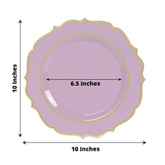 10-Pack Plastic 10" Round Dinner Plates in Lavender Lilac with Gold Scalloped Rim - Disposable Party Plates