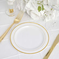 10-Pack Plastic Dessert Plates White with Très Chic Gold Rim - Disposable Plates for Appetizers 6"