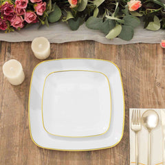 10-Pack Plastic 10" Square Dinner Plates in White with Gold Rim - Classy Disposable Lunch Party Plates for Weddings & Special Events