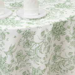 Polyester 120" Round Tablecloth White - Dusty Sage Green French Toile Pattern for Chic Weddings