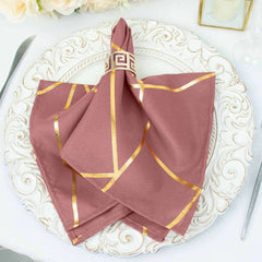 5 Pack Polyester 20"x20" Napkins Cinnamon Rose with Gold Geometric Foil Pattern - Modern Reusable Dinner Napkins