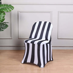 Stretch Spandex Chair Cover Black/White for Folding Chairs - 2" Striped Wrinkle Resistant Classy 160GSM Fitted Slipcover With Foot Pockets