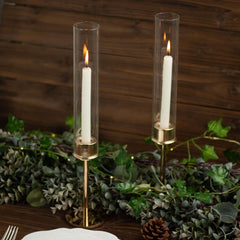 2-Pack Gold Metal Taper Candlestick Holders, Clear Glass Hurricane Candle Stands With Chimney Candle Shades 16"