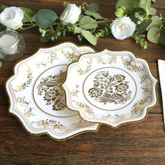 25-Pack Paper Dessert Plates in White with Gold Damask Floral Print & Scallop Rim - Stylish Disposable 300GSM Floral Salad Appetizer Plates for Weddings & Events 8"