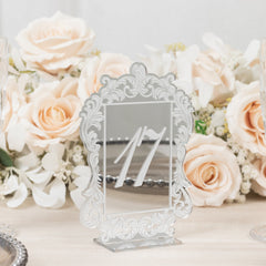 Silver Mirror Arch Acrylic Table Numbers (11-20) - 5"x7" Wedding Reception Signs with Baroque Lace Border, White Print & Stands