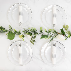 10-Pack Plastic 7" Round Dessert Appetizer Plates in Pearl White Sunflower with Silver Scalloped Rim - Disposable Salad Plates for Classy Events & Banquets