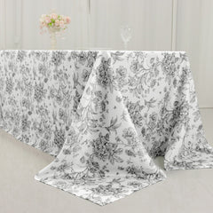 Polyester 90"x156" Rectangle Tablecloth White - Seamless Black French Toile Pattern for Grand Occasions