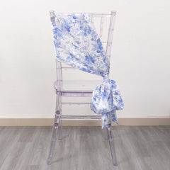 5 Pack Satin Chair Sashes White/Blue French Toile Floral Pattern - Wrinkle-Resistant & Reusable Chair Bows for Effortless Event Setup 6"x108"