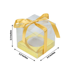 12 Pack 3.5" Clear Metallic Gold Disposable Cupcake Boxes With Ribbon Tie, Plastic Wedding Favor Boxes