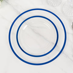 10-Pack Plastic 7" Round Appetizer Plates in Clear with Blue Rim - Sleek Disposable Salad Plates for Banquets & Special Occasions