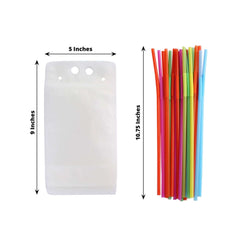 50-Pack Plastic Drink Pouches 12oz Clear - Stand Up Reclosable Hand-Held Juice Smoothie Drink Bags with Straws and Zipper for Travel & Festivals