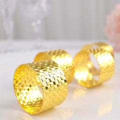 4 Pack Shiny Gold Basket Weave Napkin Rings, Metallic Napkin Holders