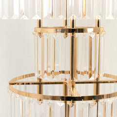 27" Crystal Pendant Table Centerpiece in 3-Tier Gold, Round Flower Stand Metal Vase Chandelier with Hanging Crystals