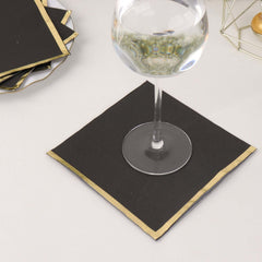 50-Pack Paper Beverage Napkins with Gold Foil Edge Black - Disposable 2 Ply Cocktail Napkins for Events 6.5"x6.5"