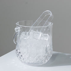 3-Pack Clear Plastic Small Ice Buckets with Handle & Tongs in Crystal-Cut Design 5"x5"