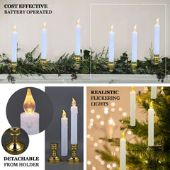 Set of 6 LED Window Candles Flickering White - Battery Operated Taper Candles with Gold Holders 10"