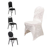 Crushed Velvet Spandex Banquet Chair Cover Fitted Slipcover White - Stretch 190GSM Slipcover with Foot Pockets for Weddings & Events