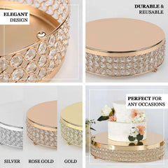 Metal Cake Stand Pedestal Crystal Beaded Design Rose Gold - Cupcake Display and Dessert Riser 14"
