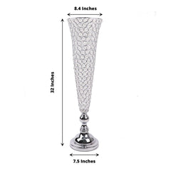 2-Pack Crystal Beaded Trumpet Vase Set Silver - Table Centerpiece for Weddings and Events 32"