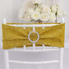 5 Pack Chair Sashes Shimmer Tinsel Spandex 5"x12" with Silver Rhinestone Buckles Gold - Stylish Decor for Weddings