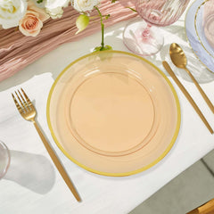 10-Pack Economy Plastic Round Charger Plates 12" in Transparent Amber Gold with Wide Gold Rim, Decorative Dinner Party Serving Plates