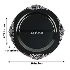 10-Pack Plastic 10" Round Dinner Plates in Black with Silver Leaf Embossed Rim - Disposable Vintage Baroque Style Plates
