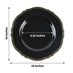 10-Pack Plastic 10" Dinner Plates in Black with Gold Scalloped Rim - Disposable Large Party Plates