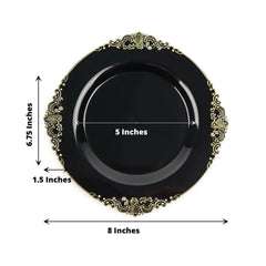 10-Pack Plastic 8" Round Dessert Plates in Black with Gold Leaf Embossed Rim - Disposable Vintage Baroque Style Salad Plates