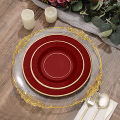 25-Pack Paper 8" Round Dessert Plates in Burgundy Sunray Design with Gold Rim - Disposable Heavy Duty 350GSM Appetizer Salad Plates