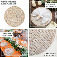 6-Pack Disposable Table Placemats in Wheat with Woven Rattan Print - 700GSM Cardboard Placemats for Rustic Themes & Outdoor Events 13"