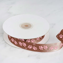 25 Yards 7/8" Chocolate Brown Pink Paw Print Satin Ribbon
