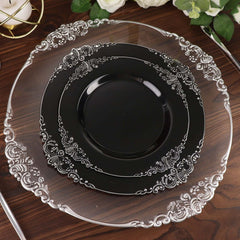10-Pack Plastic 8" Round Dessert Plates in Black with Silver Leaf Embossed Rim - Disposable Vintage Baroque Style Salad Plates