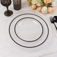 10-Pack Plastic 7" Round Appetizer Plates in Clear with Black Rim - Sleek Disposable Salad Plates for Banquets & Special Occasions