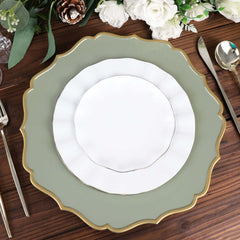 6-Pack Acrylic Round Charger Plates 13" in Dusty Sage Green with Gold Scalloped Rim, Decorative Dinner Party Plastic Charger Tableware