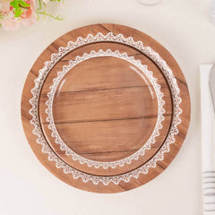 25-Pack Paper 7" Round Dessert Plates in Brown Wood Grain Print with White Floral Lace Rim - Disposable Appetizer Salad Plates for Rustic Farmhouse Style Events