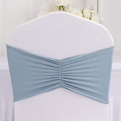 5 Pack Spandex Chair Sashes Dusty Blue Ruffled Style - Wide Easy to Use Stretch Chair Bands 8"x13"