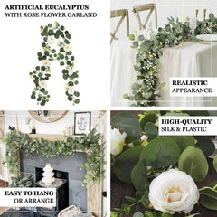 5.5ft Artificial Eucalyptus Leaf Hanging Vines With 7 White Rose Flower Heads, Floral Greenery Table Garland
