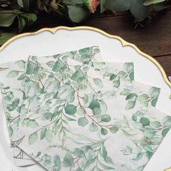 20-Pack Paper Beverage Napkins with Green Foliage Eucalyptus Leaves Design - 2 Ply Soft 18GSM Boho Wedding Napkins 6.5"x6.5"