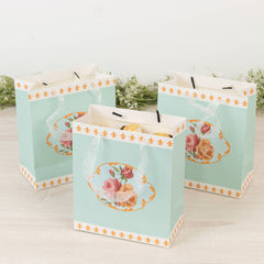 12-Pack Favor Bags Vintage Rose Floral Tea Party, Turquoise Paper Goodie Gift Bags with Ribbon Handles, 6"x7"x3"
