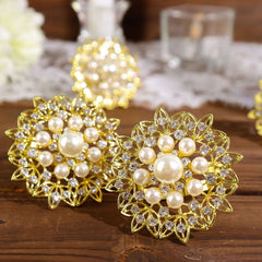 4 Pack Pearl And Diamond Rhinestone Flower Gold Metal Napkin Rings, Decorative Napkin Buckle Holders